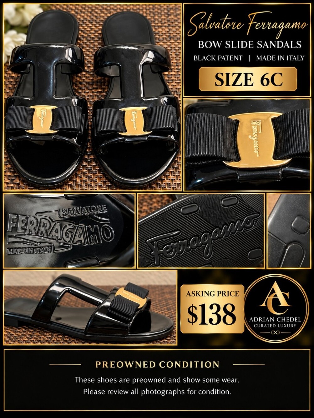 Salvatore Ferragamo Black Patent Bow Slide Sandals with Gold Accent - Picture 1 of 9